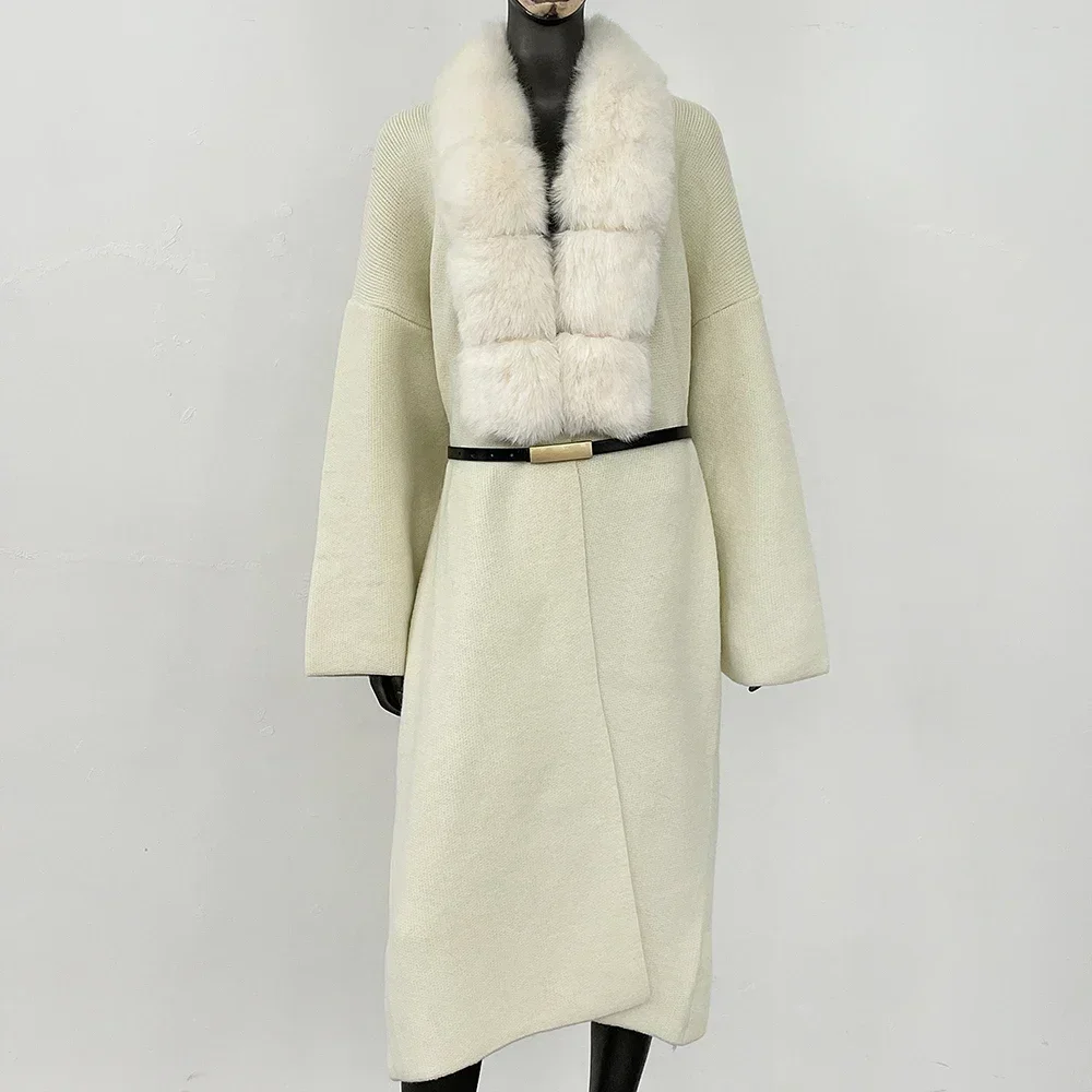 Faux Fox Fur Collar Fur Coat Eco-friendly Autumn Loose Knitwear Female Long Cardigan Fur Coat Women Sweater Belt Knitted Coat