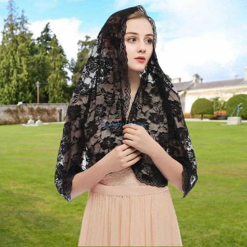 

652B Woman Floral Veil Lace Trim Scarfs Veil Large Shawl Headwear Mantilla