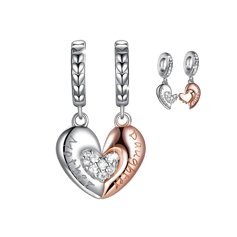 2024 Europe New 925 Silver Double Love Mom Daughter Heart Pendant Charm Bead Fit Original Bracelet DIY Women Jewelry For Gift