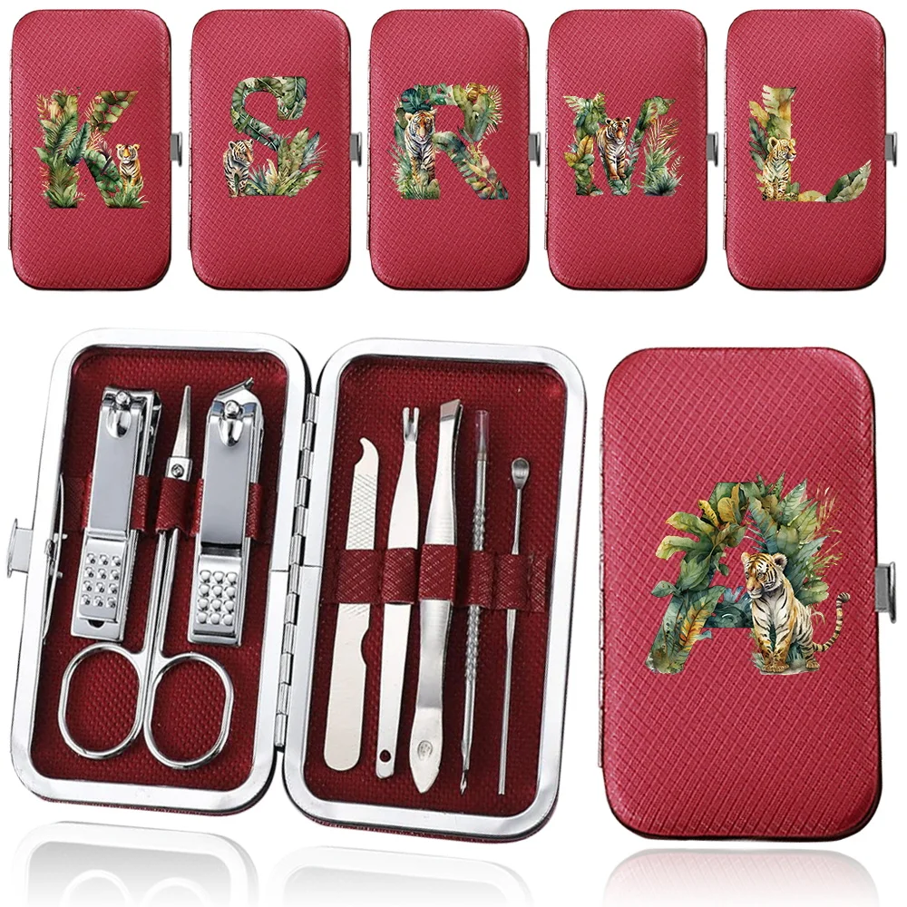 

8Pcs Manicure Set Pedicure Nail Clippers Tools Stainless Steel Professional Nail Scissors Case Kit Jungle Tiger Letter Pattern