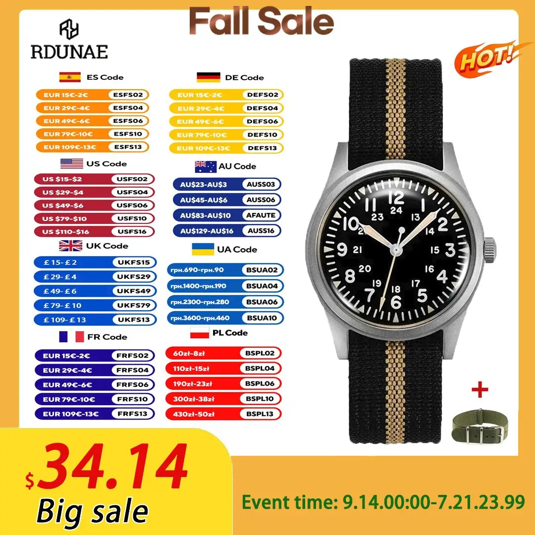 

Новинка 2023 года RDUNAE RA03 34,5 мм, военные мужские винтажные кварцевые часы G10 Miyota 2035, часы K1, наручные часы из минерального стекла из нержавеющей стали