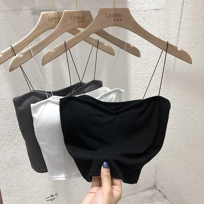 Korean Chic Early Spring Solid Color Padded Thin Strap Camisole Tops Women Bandeau Design Tank Tops Casual Daily Popular Fashion