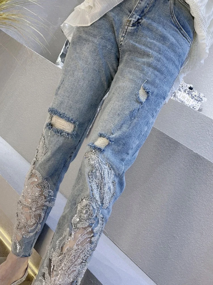 Summer Pants for Woman and Capris Straight Leg Rhinestones Transparent Women\'s Jeans Lace Grunge Y2k Spring Pants