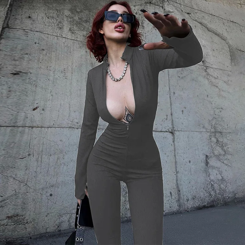 Y2k Vintage Gothic Clothes Autumn Zipper Long Sleeve Bodysuits Bodycon Solid Women Sexy One Piece Sports Streetwear