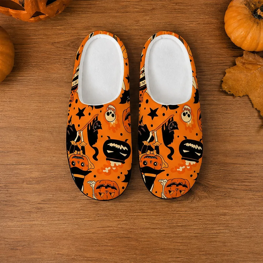 Witch Cat Pumpkin Slippers Halloween Skull Bat Casual Cozy House Shoes Trendy Fashion Warm Cotton Slip On Soft Indoor Footwear