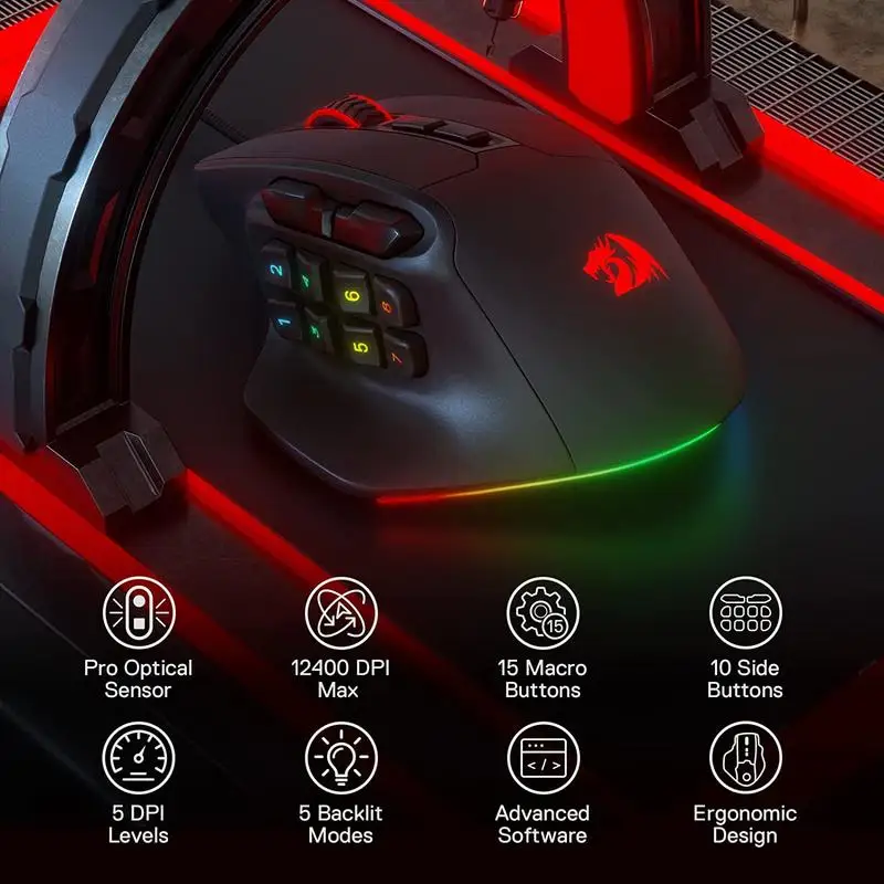 Ratón para juegos Redragon Aatrox MMO RGB ergonómico con cable - imagen 2