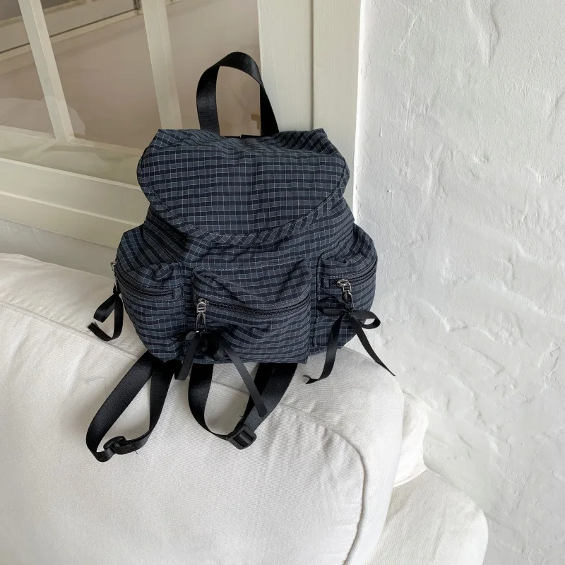 Three Colors Plaid Bow Nylon Backpack Korean Large Capacity Light Student Bag Casual Travel Girls Plaid Mini Rucksack