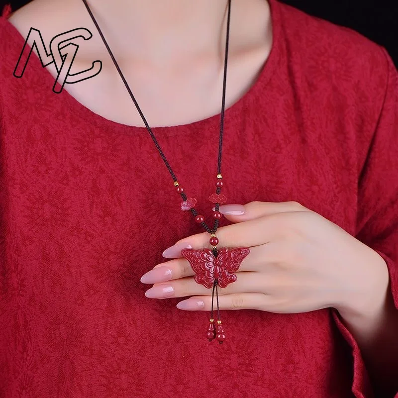 Fashion Red Cinnabar Jade Butterfly Pendant Necklace Jewellery Chinese Healing Women Man Luck Gifts Sweater Chain Amulet view 4