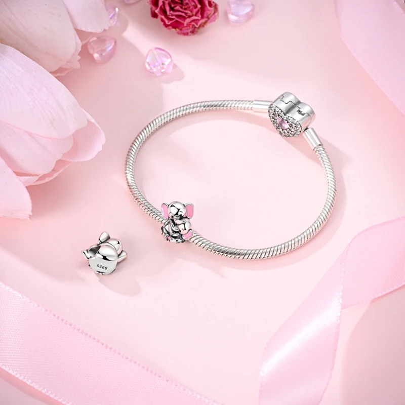 Charm 925 Sterling Silver Pink Mother Daughter Hug Elephants Beads Charm Fit Original Charm Bracelet Necklace Beads DIY Jewerlry