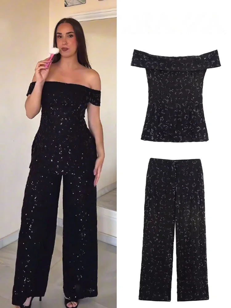 

HH женский брючный костюм, шикарный костюм с блестками и вышивкой, жилет с открытой спиной, тип топ + новая мода, повседневные свободные широкие брюки на молнии
