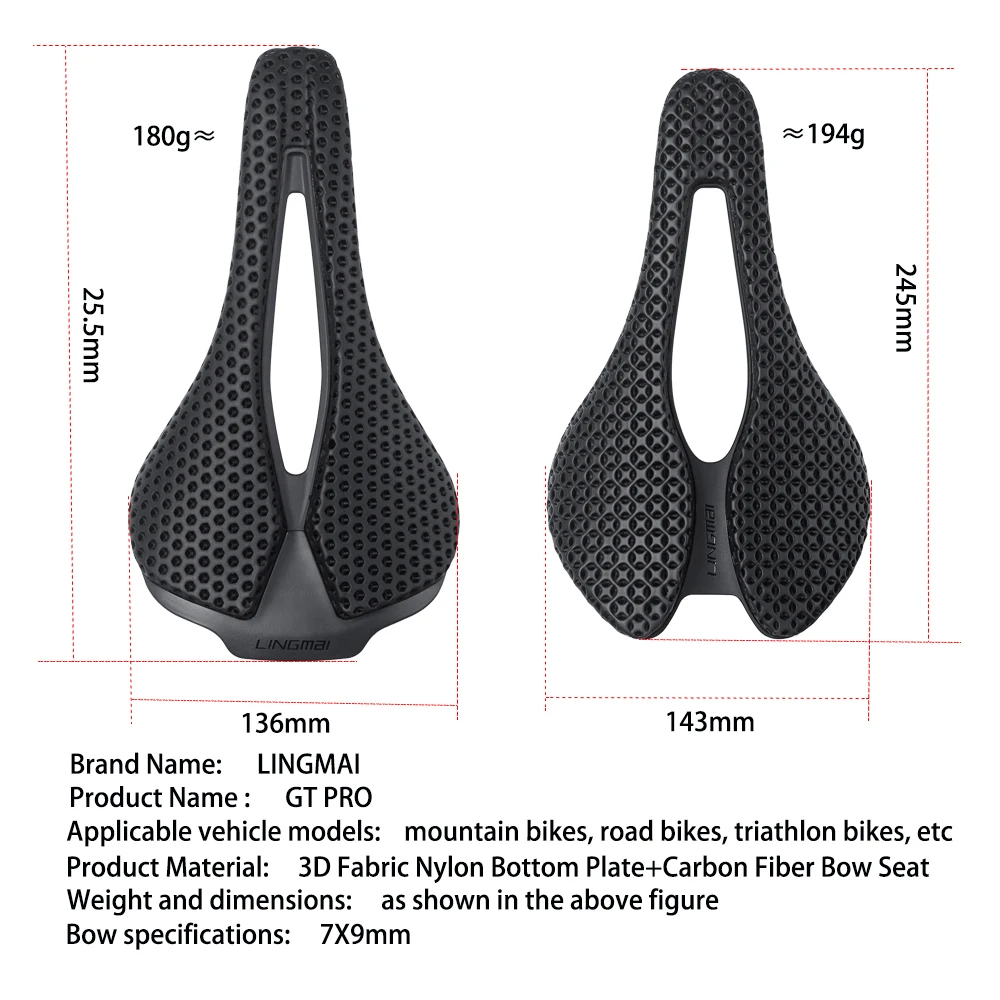 

LINGMAI Ultralight Carbon Bow Hollow 3D Printed Bicycle Saddle Comfortable Breathable MTB Gravel Road Bike Cycling Seat Parts
