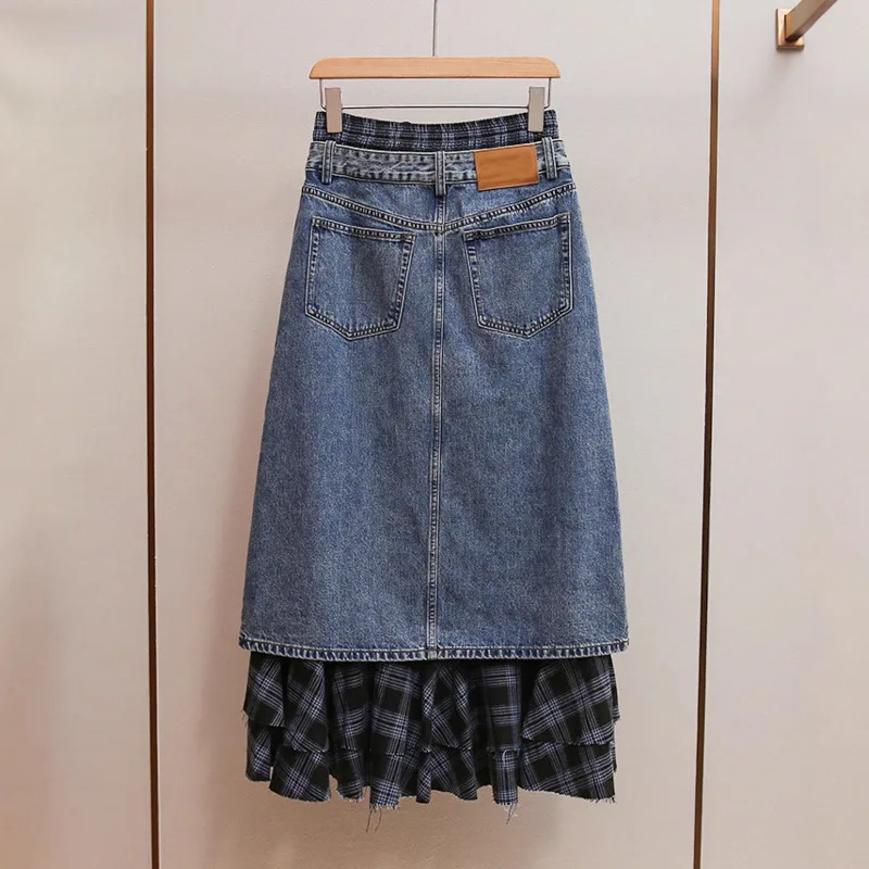 ANJY 秋の新女性ハイエンドファッションフェイクツーピース不規則なデザインスリットデニムスカートオフィスレディシックイン A ラインスカート A12664