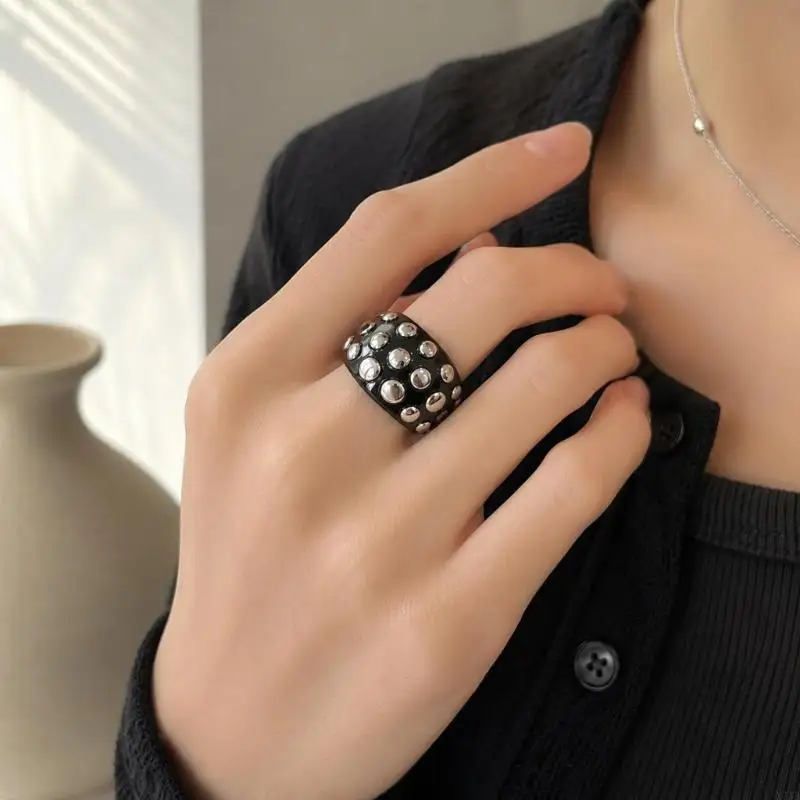 Punk Y2K Bold Studded Resin Ring, Oversized Wide Bangle with Metal Dots, Retro Trendy Statement Jewellery for Girls Daily &