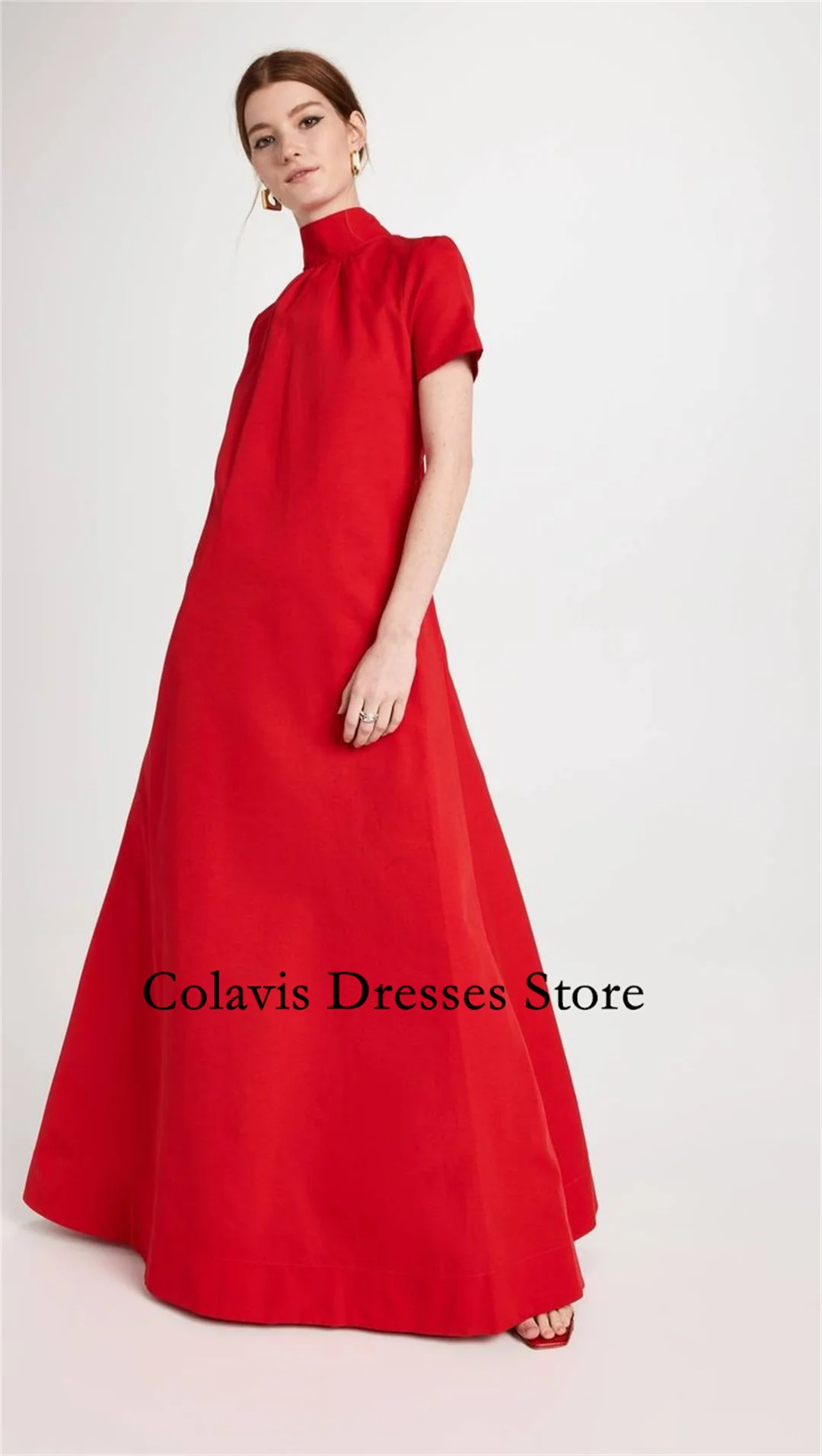 

Colavis A-Line Fashion High Neck Red Customized 2024 New Women's Maxi Crepe Satin Prom Dress Celebrity Vintage Party Dress