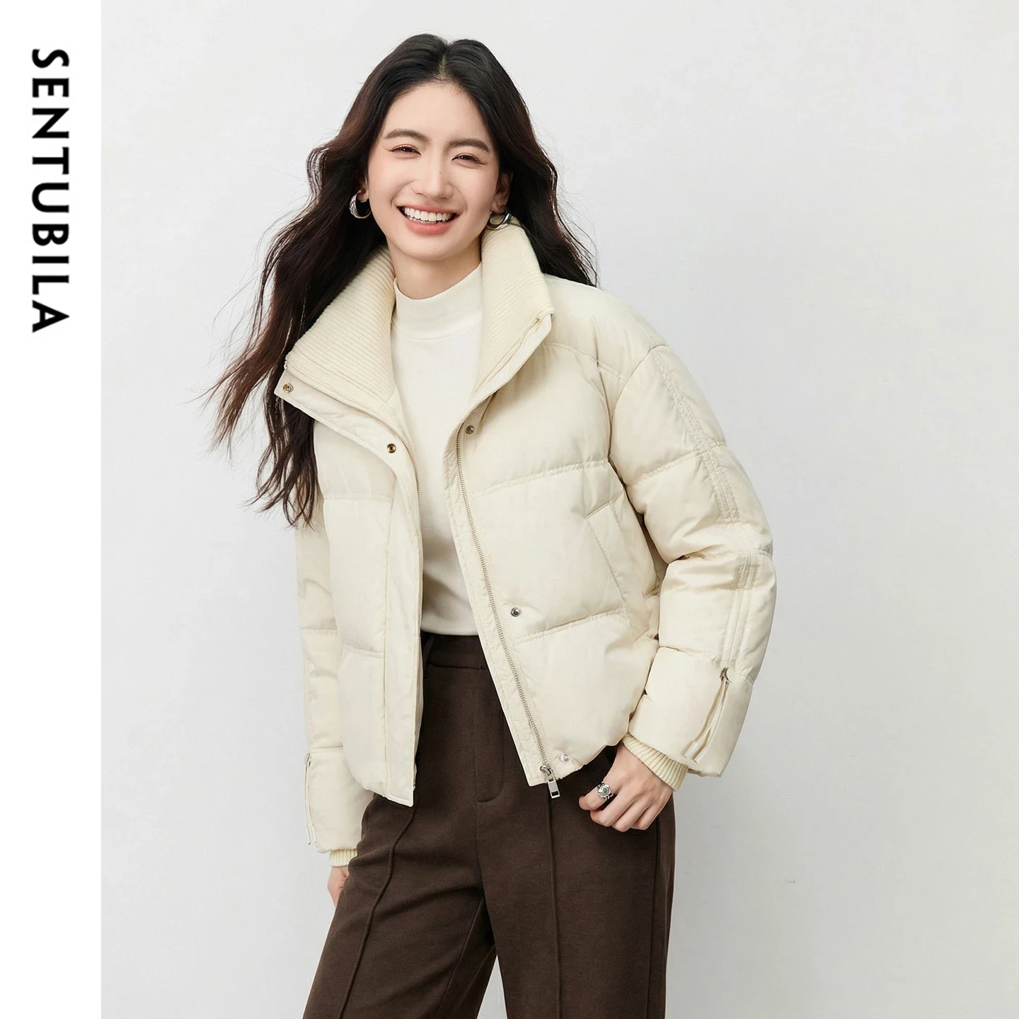 SENTUBILA Women's Loose Parkas 2026 Fashion Knitted Neck Sleeve Side Drawstring Quilted Coat Winter Warm Outerwears W54MB6317