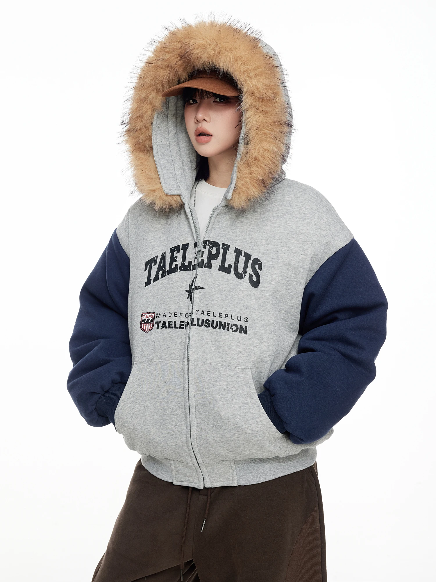 

Ретро-куртка в американском стиле с контрастными вставками и капюшоном, женская, осенне-зимняя, новая, свободного кроя, теплая, из хлопка с полиэстером