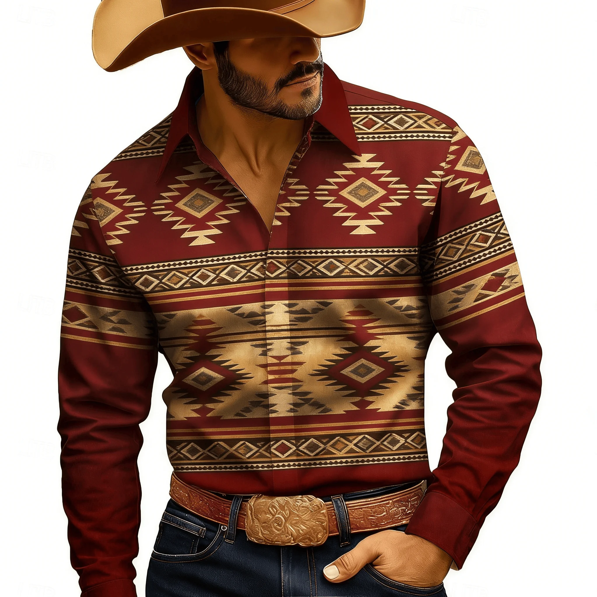 

Men's Western Geo Print Lapel Shirt, Spring Summer Retro Casual Top, Western Tribal Pattern Design