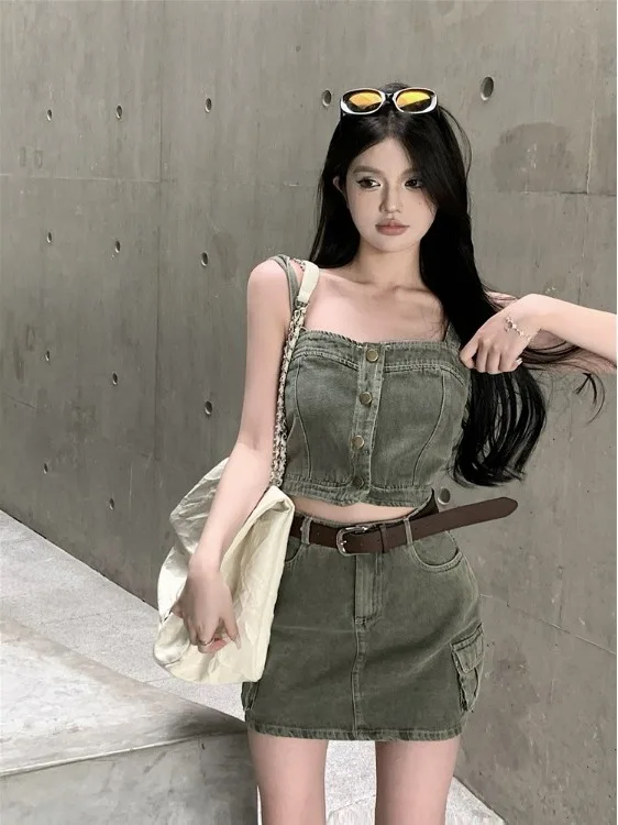 

Spicy Girl Retro Denim Set Women's Strap Top High Waist Skirt Short Skirt Spicy Pure Desire Summer Fashion Set