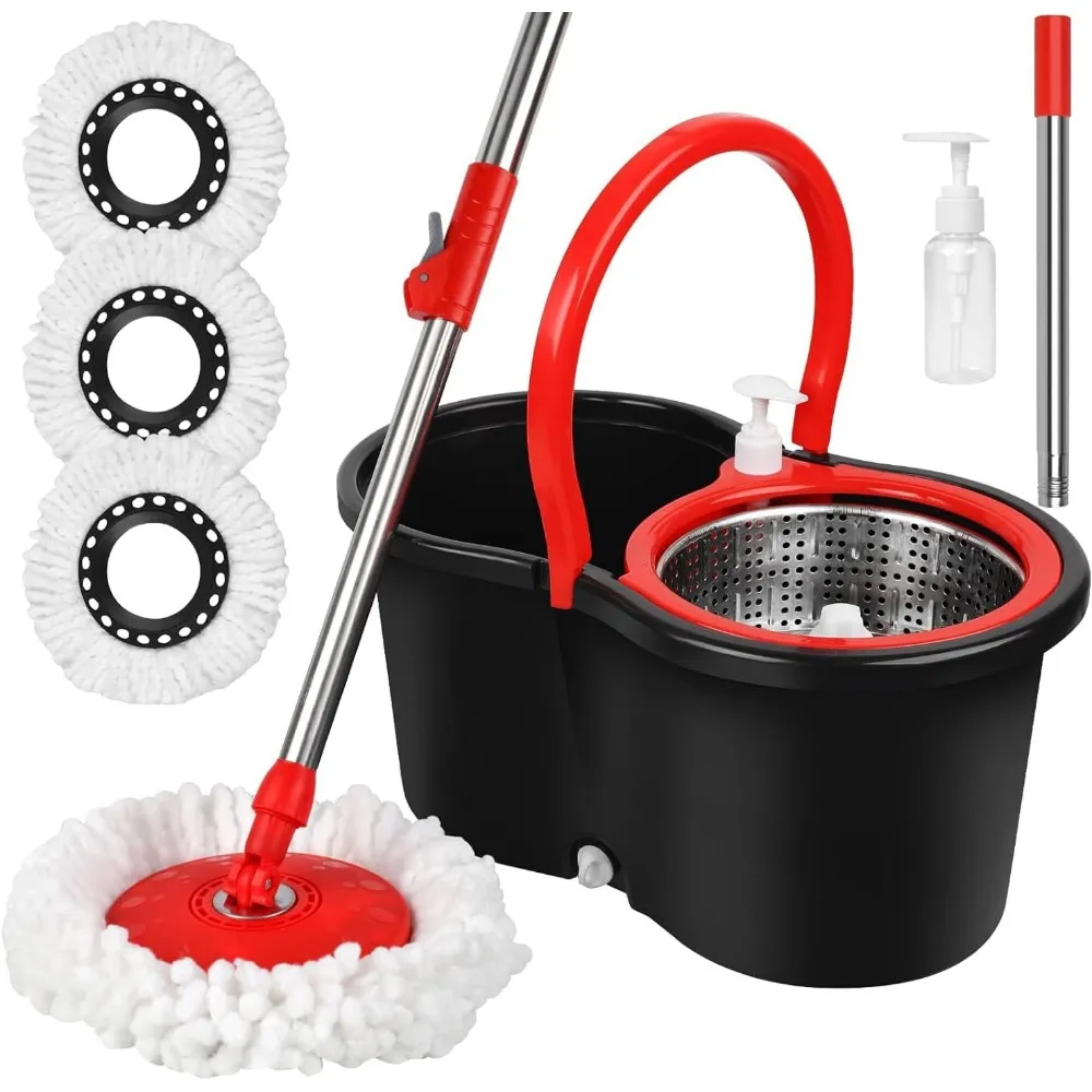 

Spin Mop and Bucket Set, 360° Spin Mop and Bucket with Wringer Set and 3 Microfiber Mop Replacement Heads Refills, 61" Stainless