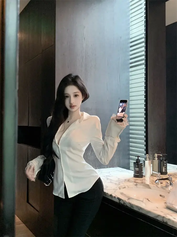 Backless Lace Youthful Fashion Black Long Sleeve Shirt Women V Neck Patchwork Elegant Basic Blouse Lady Office Casual White Top