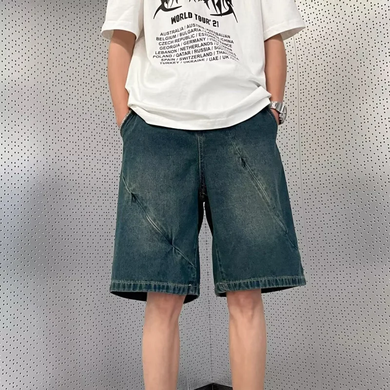 

Высококачественные темно-синие шорты для мужчин в американском стиле ретро, свободные прямые рваные шорты выше колена с пятью или шестью точками