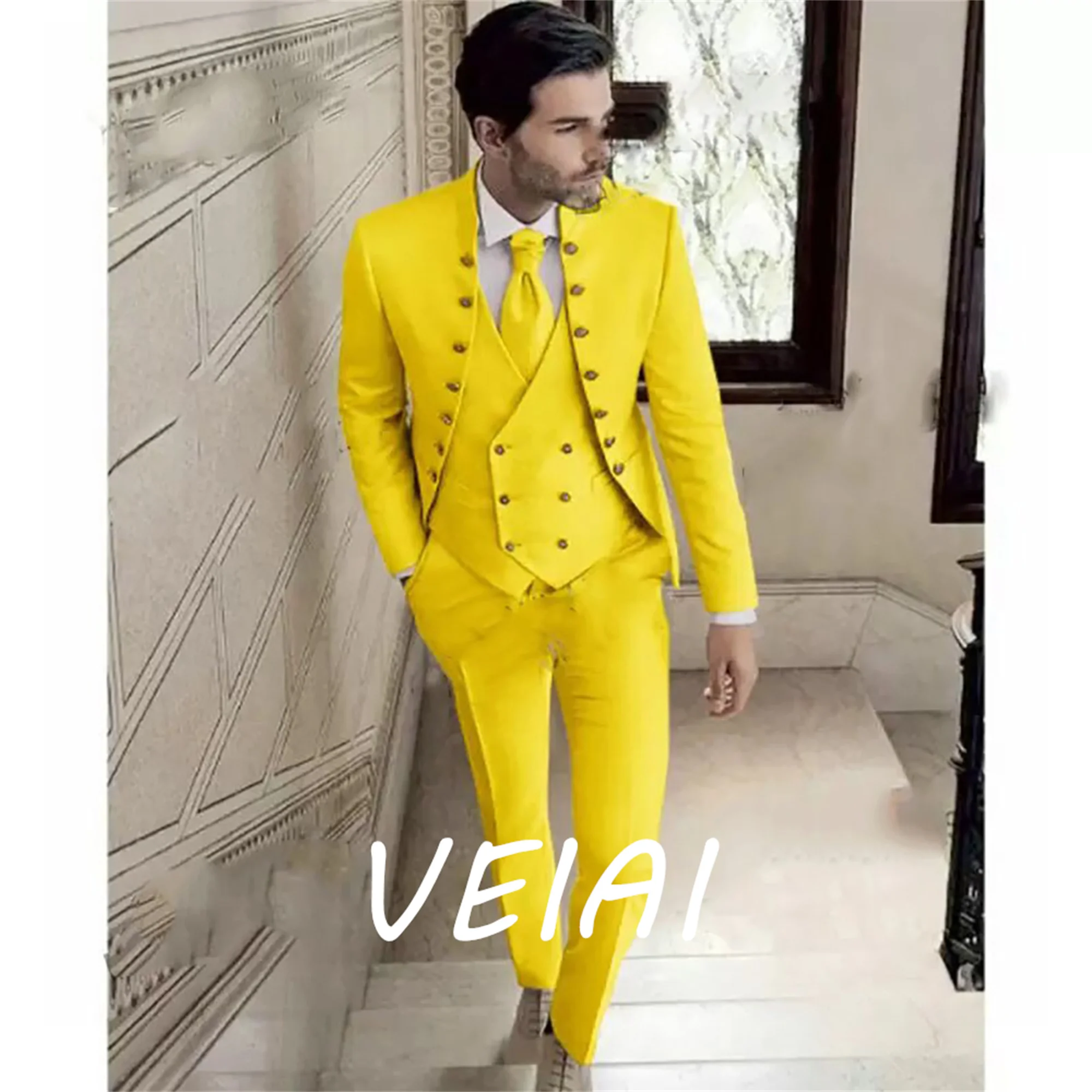 

Желтый терно-блейзер по индивидуальному заказу для мужчин, повседневный пиджак для выпускного вечера, куртка из трех предметов стандартной длины, брюки, жилет, облегающий мужской костюм Hombre