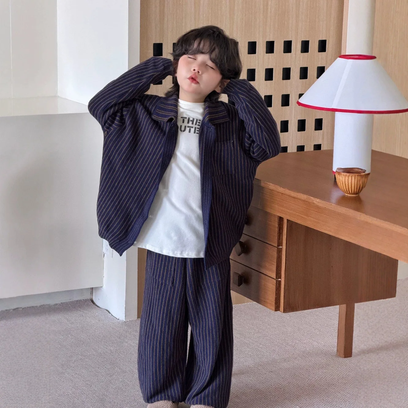 Cool and Trendy Vertical Striped Children's Sweater Set, Boys' Retro Slim Strip Cardigan Wide Leg Pants Two-piece Set