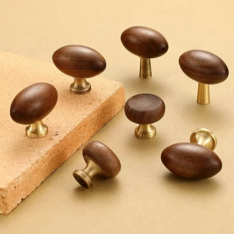 Antique Solid Brass Walnut Wood Kitchen Accessories Nordic Drawer Knobs France Cupboard Wardrobe Dresser Pull Furniture Handles
