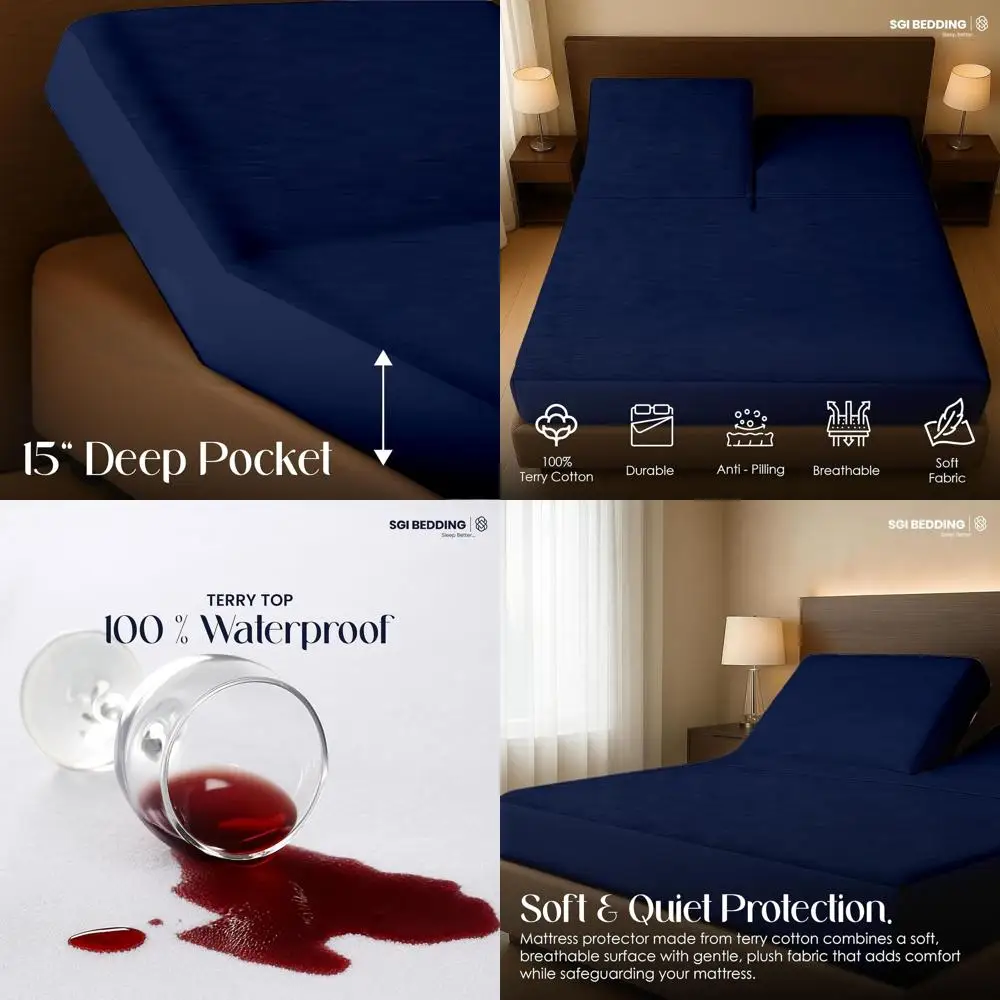 

Queen Size Waterproof Mattress Protector with Deep Pocket, 60x80, Navy Blue, Adjustable Bed Compatible