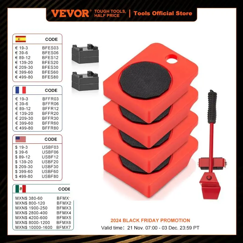 VEVOR 4pcs 250Lbs Furniture Mover Sliders Labor-Saving Heavy Duty Lifter Moving  with Wheel Bar Hand Transport Tool Remover Kit