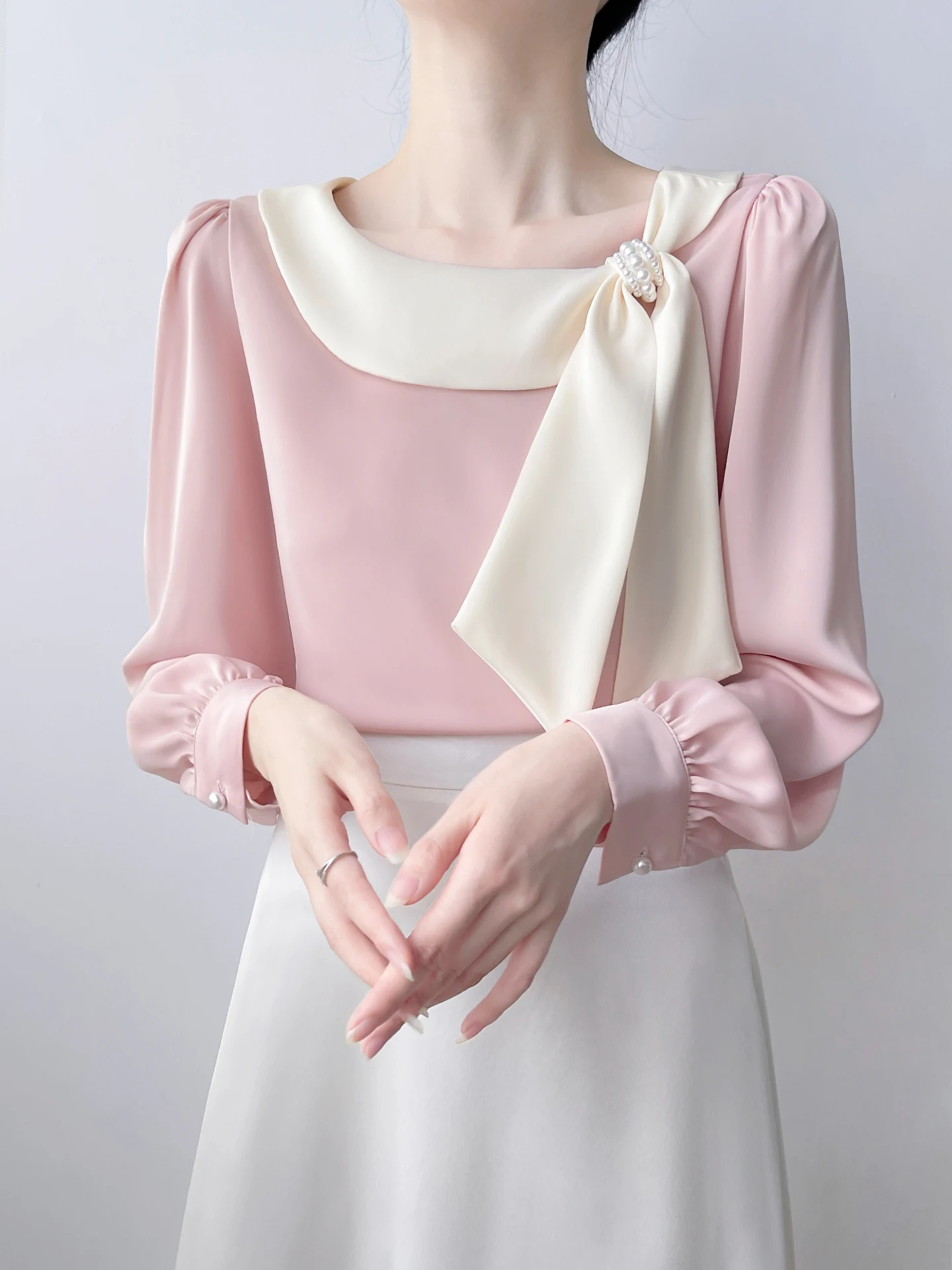 

Pink Silk Satin Drapey Long Sve Women's irt Hanpoiea Color Blo Knot Sa Casual Comfortable Breathable Top