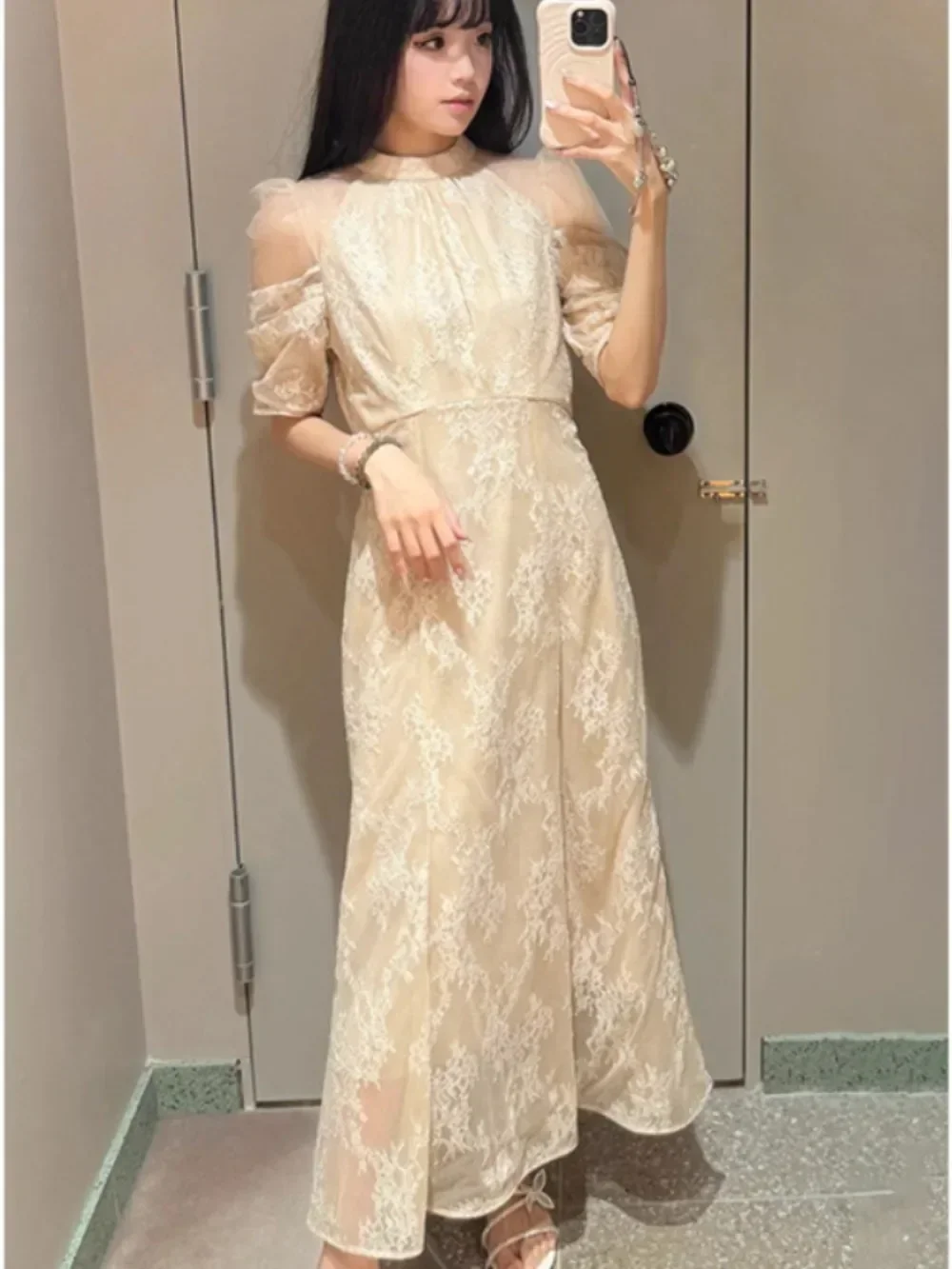 Heavy Work All-match Stand Collar Off Shoulder Lace Dress Sweet Puff Sleeve Solid Slim A-line Robe 2024 Autumn New Japan Vestido