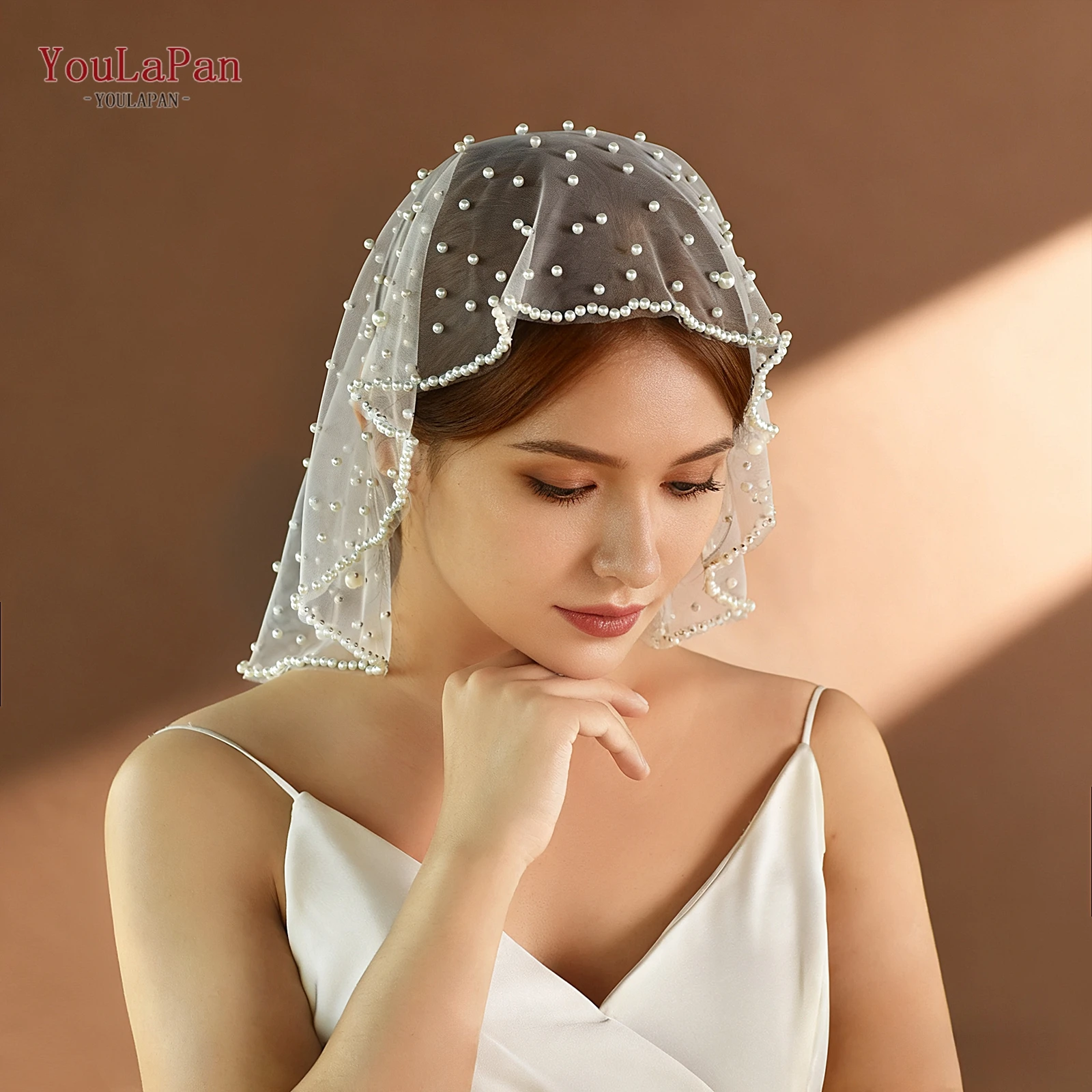 TOPQUEEN Bridal Powder Blusher Veil Pearl Beaded Cream White Veil Bridal Headdress Wedding Accessories Ma09