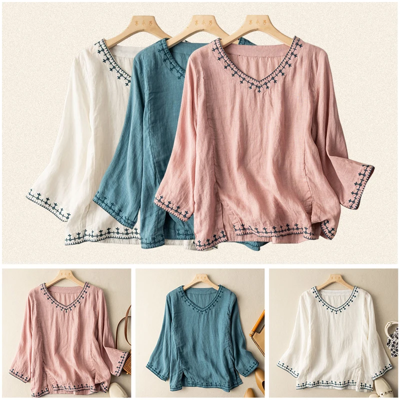 女性の刺繍入りコットンリネンTシャツ,ルーズトップス,通気性,芸術的,ヴィンテージ,カジュアル,ファッショナブル,夏,2024