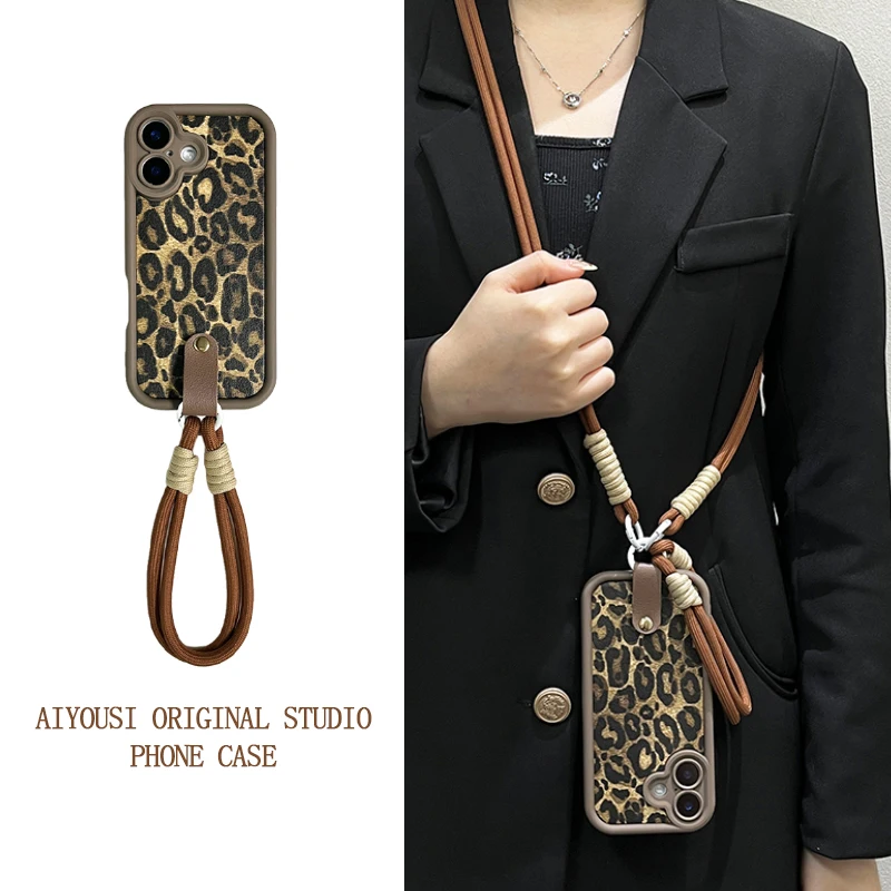 

Brown Leopard Print Hand Strap for Apple 16promax Phone Case iphone15pro Liquid Silicone i14proma Anti Drop Crossbody Strap