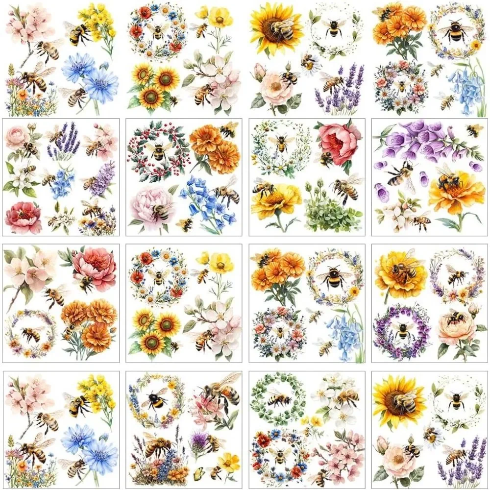 12 Sheets Flowers and Bee Rub on Transfers for Crafts Vintage Pattern Rub on Transfer Stickers Art Style PVC Rub On Decals