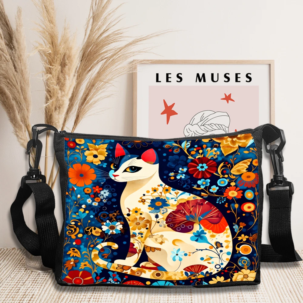 Floral Cat Print Crossbody Bag Navy Blue Color With Vibrant Flowers And Artistic Cat Design Shoulder Bags For Women Casual Daily