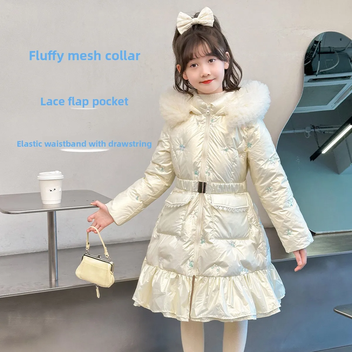 

2025 Girls' Hooded Warm Cotton Coat Winter New Style Children's Waist Fashion Lace Bottom Princess Thick Cotton Coat Girls' Coat