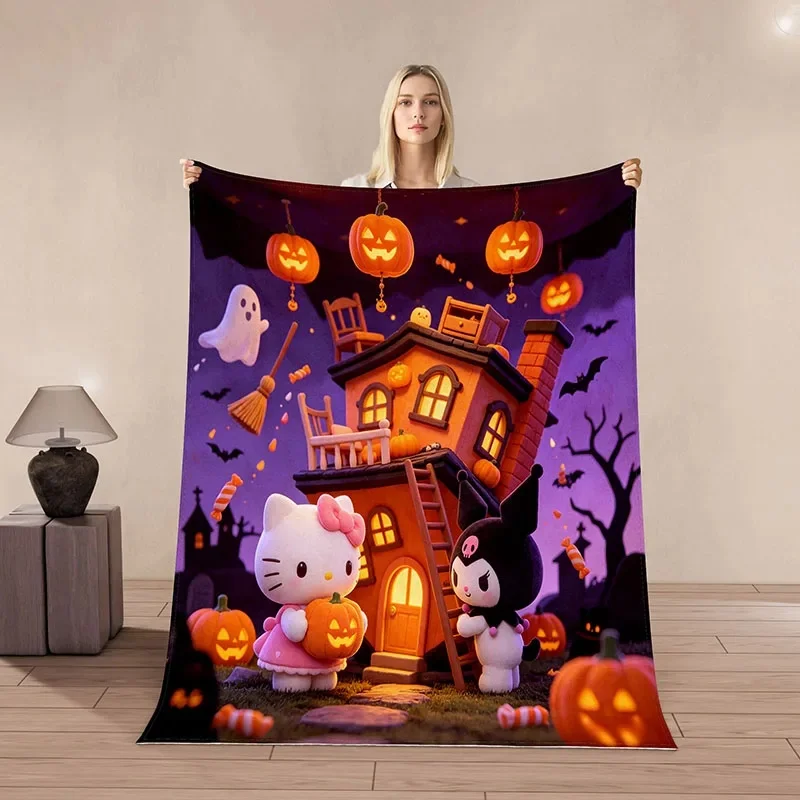Soft Flannel Throw Blanket, Hello Kitty Kuromi Halloween Witch House Ghost Bat Pattern, Cozy Blanket For Bed Sofa Camping Travel