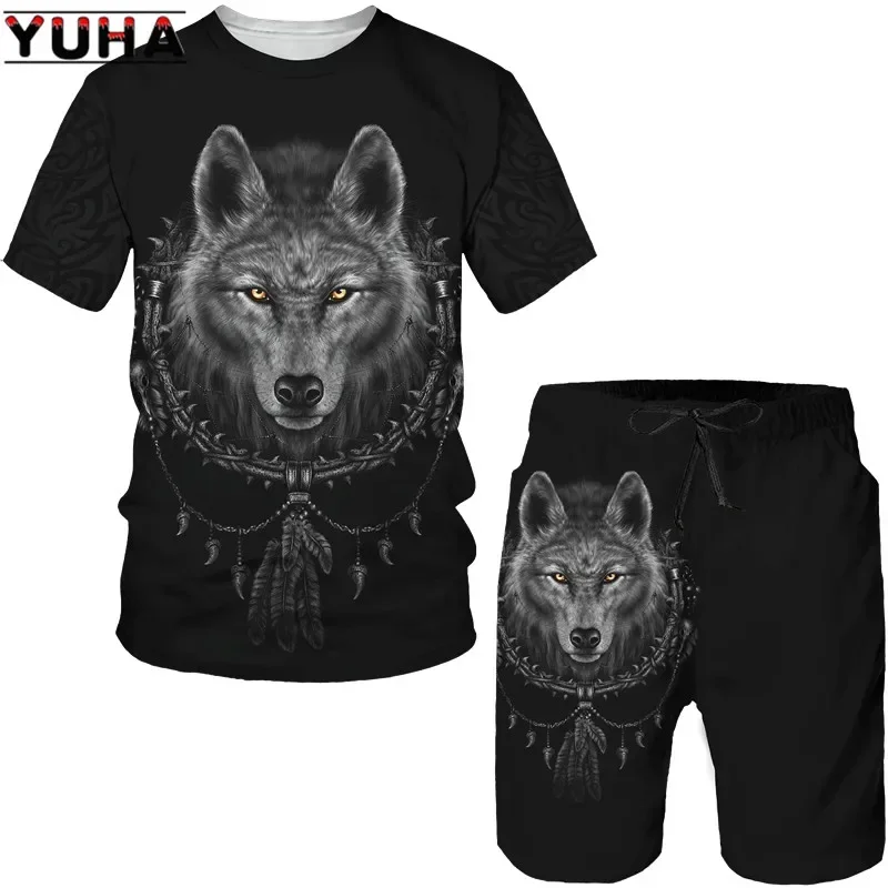 Camiseta y pantalones cortos con estampado de lobo en 3D para hombre, traje de moda de Hip Hop, cuello redondo, Tops de manga corta, pistas deportivas de animales geniales Unisex, Verano