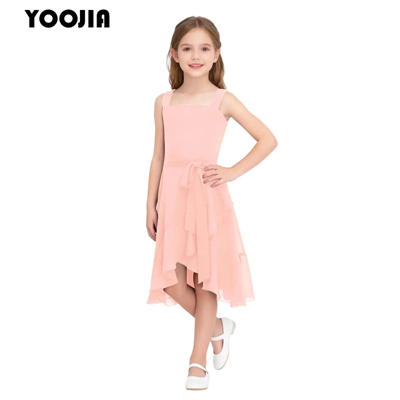 

Flower Girls Princess Dress Junior Bridesmaid Wedding Party Formal Dress Ruched High Low Hem Elegant Chiffon Birthday Prom Gown