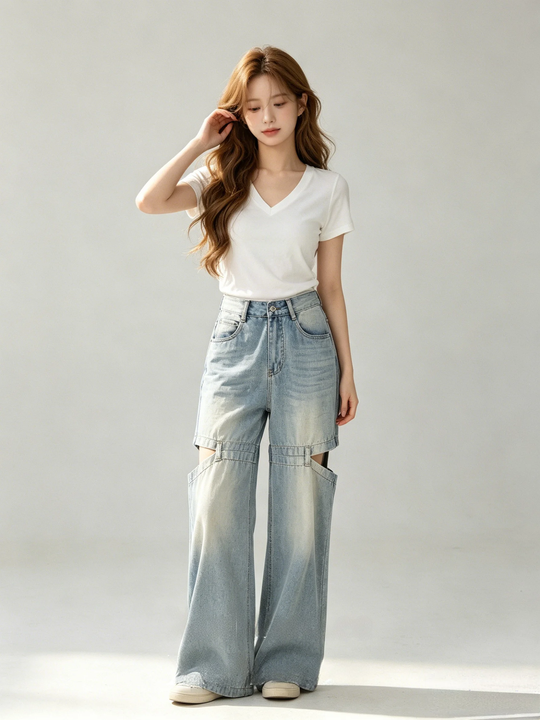 

High Waist Wide Leg Jeans Women's Light Color Splicing Design Loose Fit Floor Length Pants Korean Style Summer Casual Denim