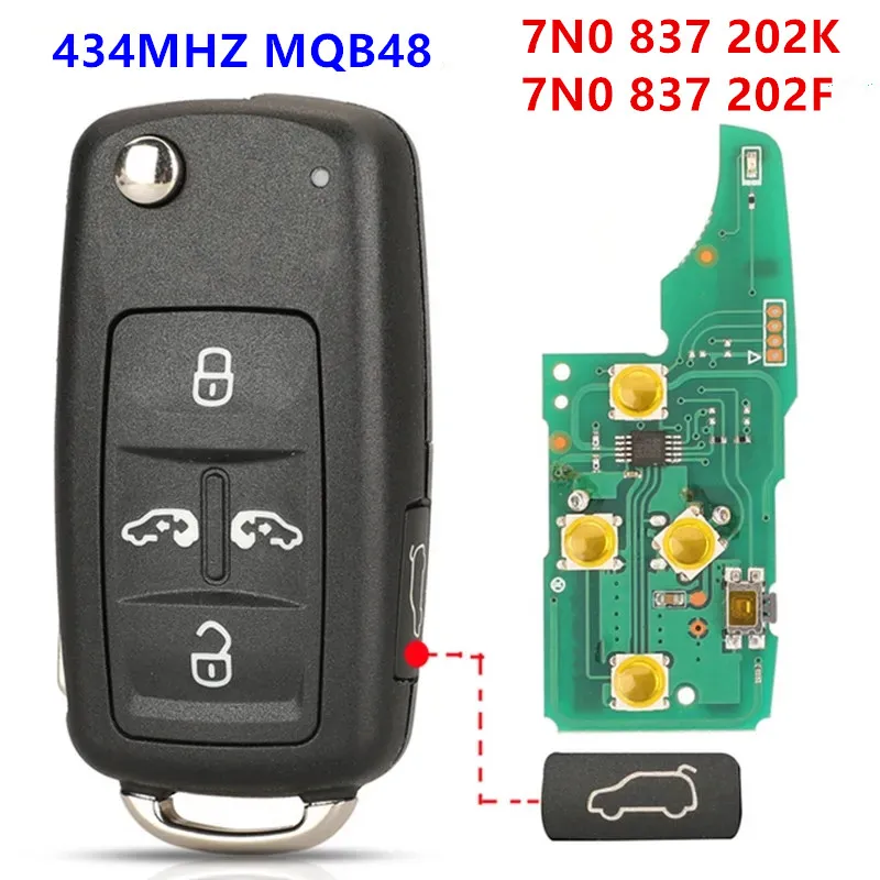 

KEYECU Replacement Flip Remote Key 434MHZ MQB48 For VW Multivan Sharan 7N0 837 202 К For VW Sharan Transporter 7N0 837 202 F