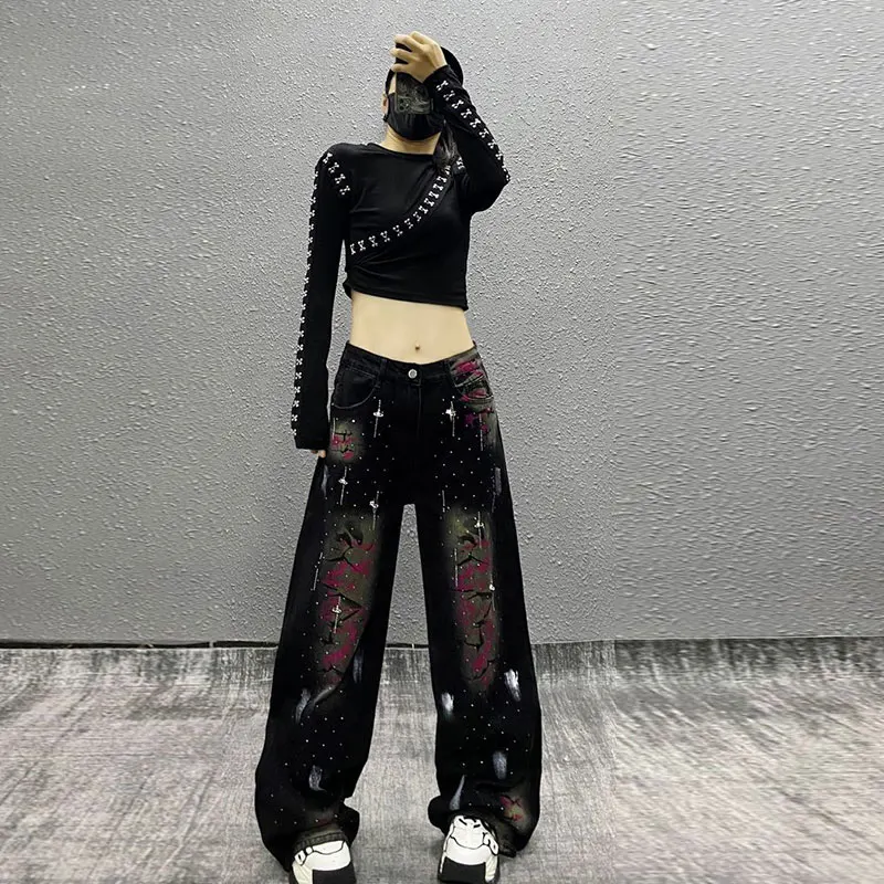 

2025 Summer New Heavy-Duty Hot Diamond Printed Casual Long Jeans For Women Stylish High-Waisted Loose Versatile Wide-Leg Pants