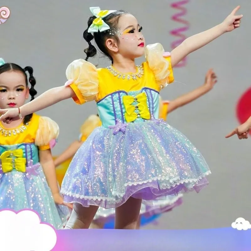 Performance Dance Dress Sequin Puffy Tutu Skirt Mesh Gown Festival Stage Outfit Lovely Style for Carnival Stage Show Daily Wear