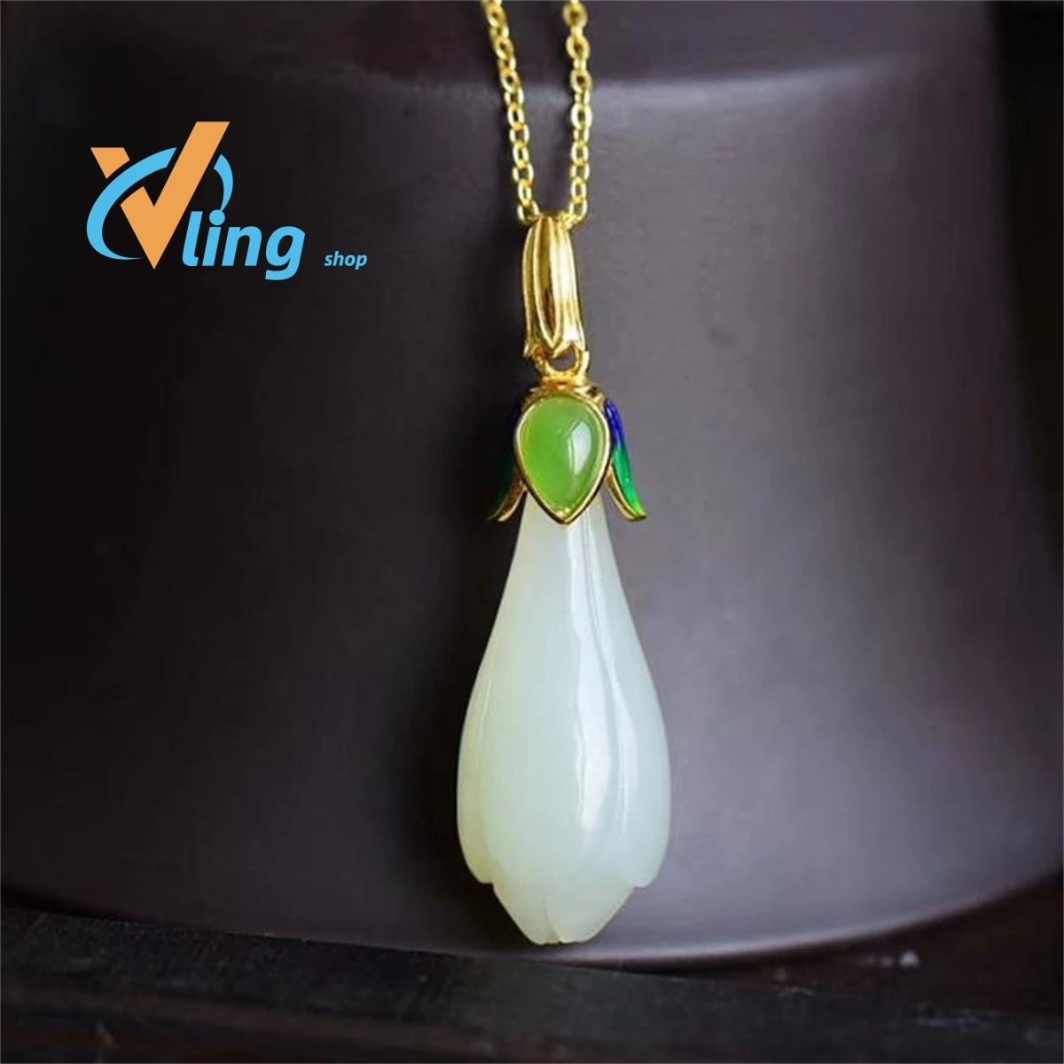 Manufacturer Wholesale Gold Silk Jade S925 Silver Gilt Gold Inlaid Magnolia Jade Pendant Antique Cloisonne Jade Clavicle Chain