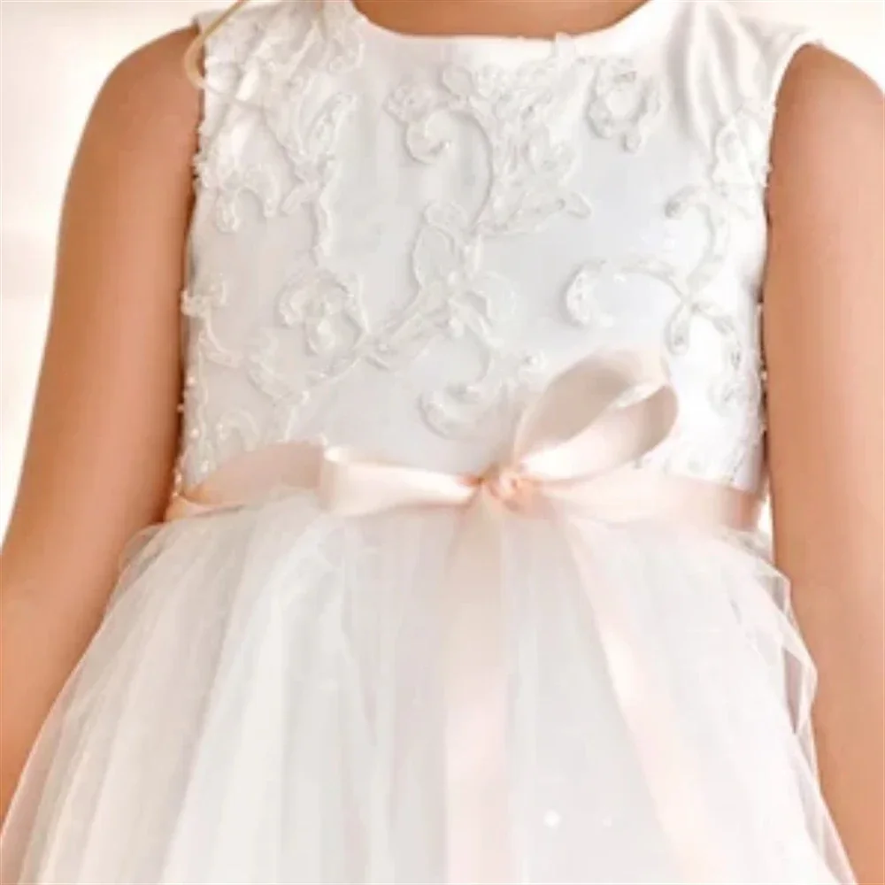 Apliques de tule branco brilhante vestidos com cinto, vestido florista sem mangas, zíper, casamento, festa de aniversário, vestido de primeira comunhão, rosa