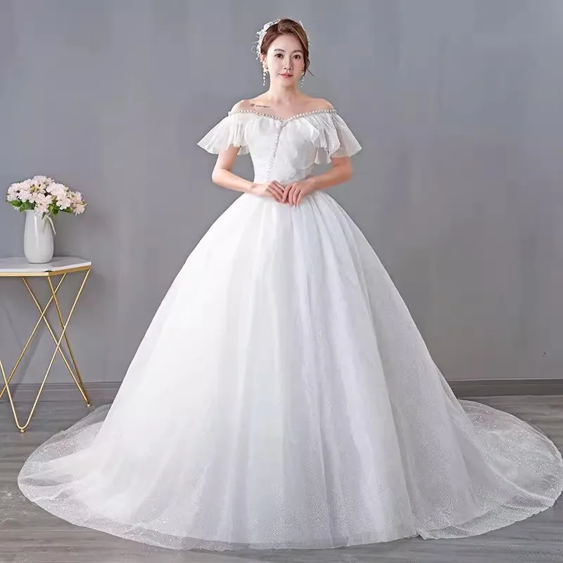 It's Yiiya Wedding Dress White Bling Tulle Ruffles Off the Shoulder Lace up Trailing Princess Floor Length Plus size Bride Gowns