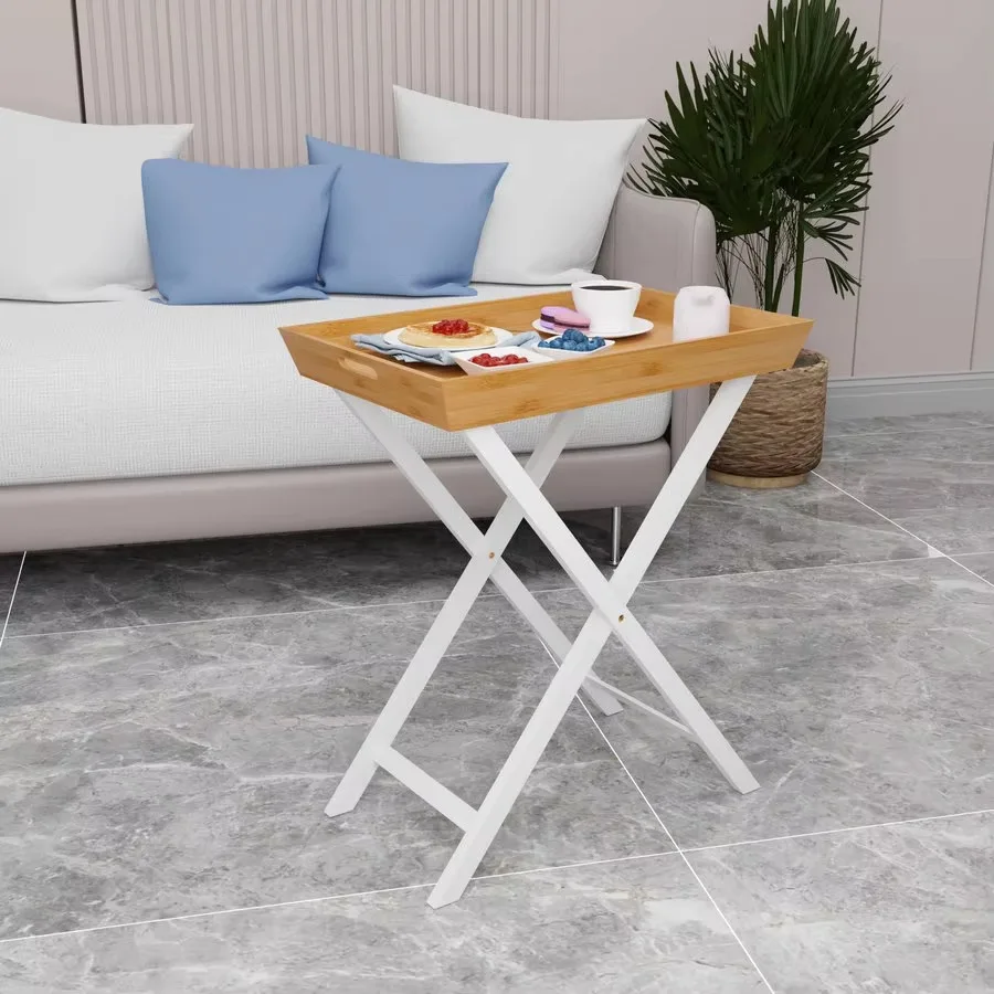 Multifunctional X-frame TV tray table Portable snack table Bamboo sofa side coffee table with removable tray