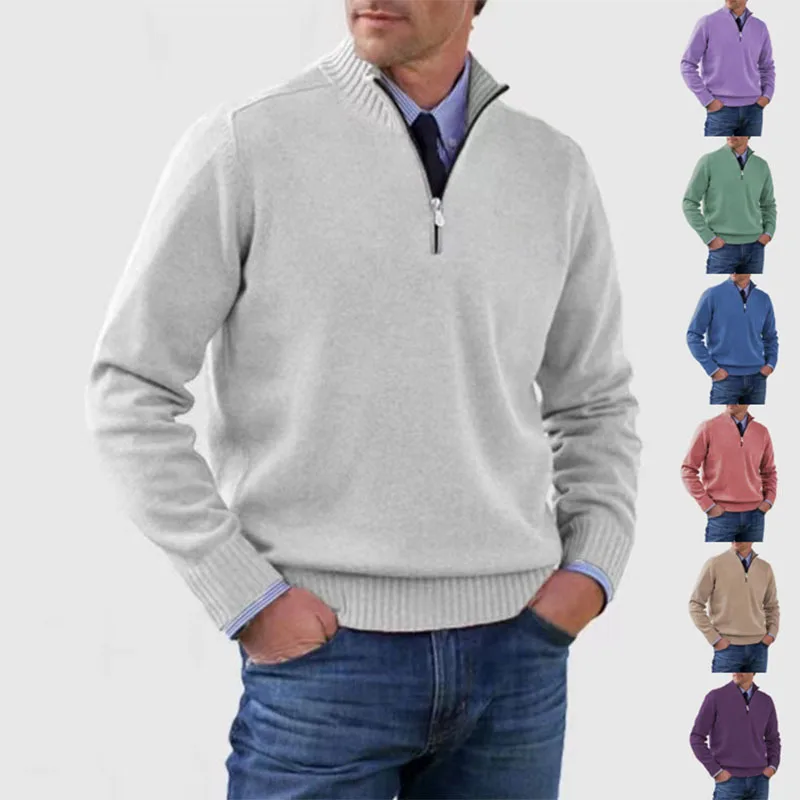 

New Men Autumn Knitted Solid Sweaters Long Sleeve Spliced Zipper Mock Neck Sweater 2025 Loose Fit Casual Slight Strech Pullover